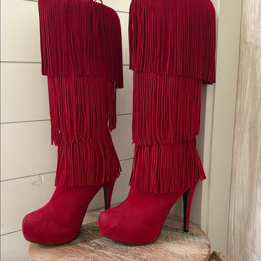 Fringed Red Suede High Heel Boots